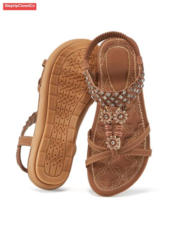 Shoes - Bohemian Beaded Sandals with Ankle Elastic Strap - Comfort Flat Sandals Women